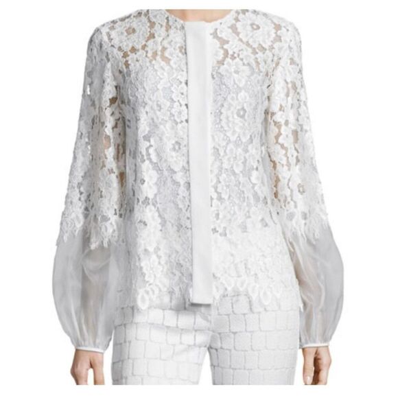 ALEXIS Ivory Silk Chiffon Floral Lace Ruffle Hidden Buttons Blouse Top - Picture 1 of 7